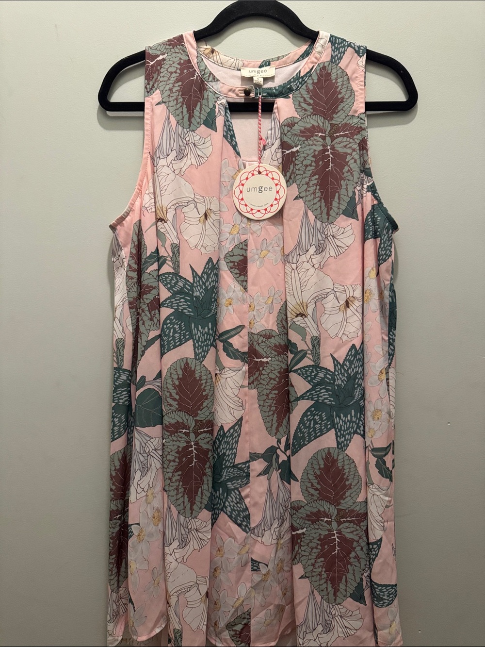 Umgee Pink Floral & Green Leaf Sleeveless Dress